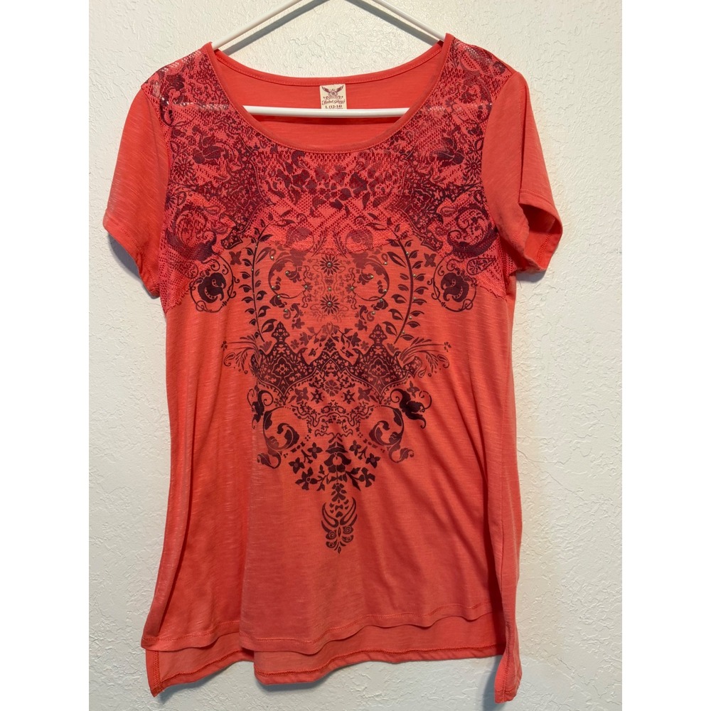 Faded Glory Womens Island Coral Lace Graphic Top Rhinestone Large 12-14